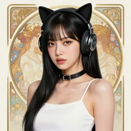realistic beautiful gorgeous natural cute Blackpink Lalisa Manoban black hair black cat ears, wearing white camisole outfit, headphones, black leather choker artwork drawn full HD 4K high resolution quality artstyle professional artists WLOP, Ayami Kojima, Aztodio, Alphonse Mucha, Taejune Kim, Guweiz on Pixiv Instagram Artstation