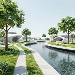 futuristic utopian public space, urban green, walkways above canals, structures like dr seuss lorax trees, simple image composition