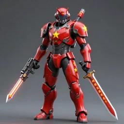 futuristic soldier with red armor holding laser blaster and sword, all decorated with chinese writings and yellow stars