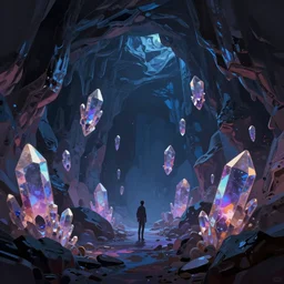 concept art by jama jurabaev, cel shaded, cinematic shot, trending on artstation, high quality, brush stroke, vibrant colors, late at night, dark underground crystal caves, floating crystals, floating stones