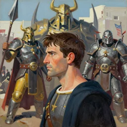 greg manchess portrait of battle of horus lupercal and emperor of mankind, epic grimdark, fantasy, medium shot, asymmetrical, profile picture, organic painting, sunny day, matte painting, bold shapes, hard edges, street art, trending on artstation, by huang guangjian and gil elvgren and sachin teng