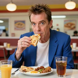 cartoonish iggy pop having breakfast at the drive inn, vivid colors, character sheet, fine details, concept design, contrast, kim jung gi, greg rutkowski, trending on artstation, 8 k, full body, turnaround, front view, back view, ultra wide angle
