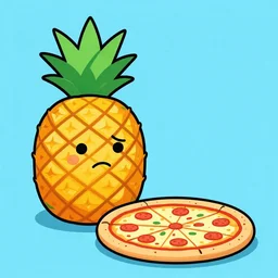 a sad pineapple next to a pizza, vector art, cell shaded