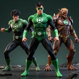 The Flash Battles The Green Lantern, Designed By Moebius Yasushi Nirasawa and HR Giger, full body action pose, hyperrealistic, octane render, HDR, volumetric lighting,