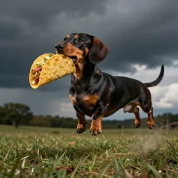a flying double twisted dachshund eating a taco in slowmotion