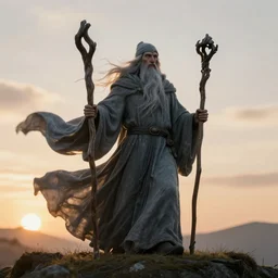 grey wizard standing on a hill, robes billowing in the wind, rim lighting from sunrise, epic and whimsical, highly detailed, trending on artstation, holding gnarled wooden staff