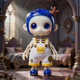 lovely realistic ball jointed high end lapis lazuli with gold inclusions skeleton doll with cute white yellow overalls and cute nature themed accessories, inside gothic doll manor bedroom, god rays, dust particles, photorealistic, aesthetic shot, worms eye view, macro camera lens, high definition, thematic, cinematic, lens flare