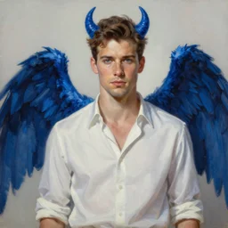 Oil painting of the handsome Daniel Sharman in modern clothes, with blue devil wings, naturalism, dramatic lighting, high-detailed oil painting by Ilya Repin, Michelangelo da Caravaggio, William Blake, Alex Grey and Beksinski, trending on Artsatio, masterpiece, 4k, 8k,
