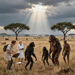 modern humans meeting australopithecus afarensis, scientists, savanna, proto - humans
