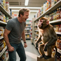 jim cramer yelling at a monkey in a retail store