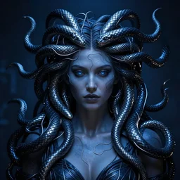 dark portrait of medusa, deep blue, silver wires instead of snakes, high detail concept art, dark fantasy, backlight, atmospheric, trending on artstation