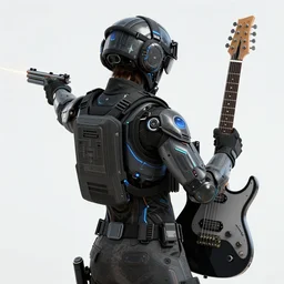 photo from behind of a high tech solider holding a electric guitar in shotting position, 8k, highly detailed, unreal engine, ultra realistic