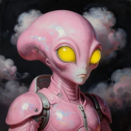 a baroque neoclassicist renaissance close - up portrait of a pink iridescent whimsical 1 8 0 0 s japanese high tech alien suit with big yellow glowing eyes. reflective detailed textures. puffy clouds, dark black background. highly detailed fantasy science fic tion painting by moebius, norman rockwell, frank frazetta, and syd mead. rich colors, high contrast. artstation