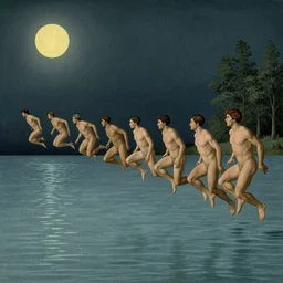 A vintage scientific illustration from the 1970s of humans in a line endlessly jumping into a lake by René Magritte