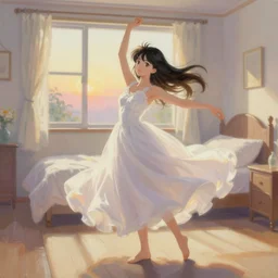 a painting by naoko takeuchi of a girl in a white gown dancing in her bedroom as the sun is rising