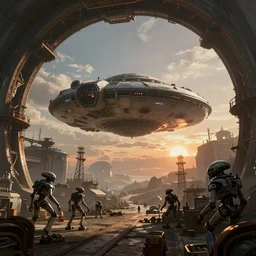 alien spacecraft hovering over busy space port surrounded by alien robots, steel archways, industrial buildings, rusty metal towers, sun setting, ross tran, fantasy, james jean, cinematic lighting, digital painting, octane render