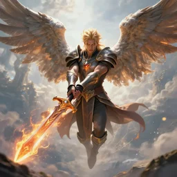 amazing masterclass portrait of a floating winged aasimar paladin blond young man with amber eyes strong, wielding a flaming sword, in heaven, hearthstone splash art, deiv calviz, splash art, natural light, fantasy, atmospheric lighting, by greg rutkowski, hearthstone splash art, hd wallpaper, ultra high details, cinematic composition, professional master piece made in one year