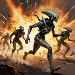 matte painting of extraterrestrial cyborgs running from robot warriors, in the style of greg rutkowski and remedios varo, digital art, explosive lighting