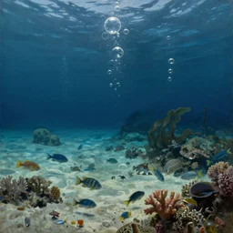 classic oil painting, the deep ocean sea floor, surrounded by marine lifeforms, floating bubbles, sand, fish, coral, concept art, highly detailed, smooth, sharp focus, art by brothers hildebrandt