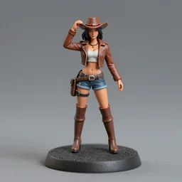 80mm resin detailed miniature of a cow girl, Short brown leather jacket, ten-gallon hat, over-knee boots, navel, olive thigh skin, on textured disc base; Miniature product Introduction Photos, 4K, Full body; Front view