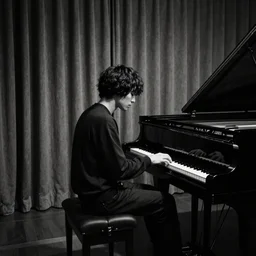 Aphex Twin sitting by a grand piano, background made of large folding curtains, dark, hyper detailed, hyper realistic, 8K phot realistic, black and white color, dimly lit, dark,