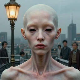 closeup portrait of eyeless cyborg albino mandarin with thin, stained lips and smoking eye sockets standing under rococo lamp on rooftop overlooking the city, science fiction concept art by j. c. leyendecker, greg rutkowski, yoshitaka amano, and rembrandt