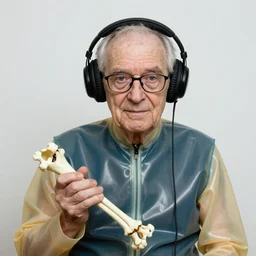 Portrait of old age grandpa granny wearing a latex gimp suit, wearing headphones and a bone in hand by john harris