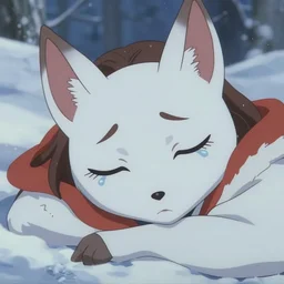 anime kitsune girl sleeping in snow den, tears, simplified smooth stylized and symmetrical face, detailed eyelashes, depth focus, chromatic aberration, noise, soft lighting, srgb, 4 k, cinematic rembrant kuvshinov ross tran craig mullins leyendecker wlop guweiz