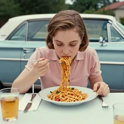 eating takeout spaghetti in a 1 9 6 0 lincoln continental, canon 2 0 mm, kodachrome, in the style of wes anderson, retro