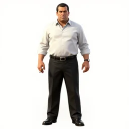 a midage italian male, short black hair with gel, sharp teeth, overweight, fine white shirt, leather belt, black pants, leather shoes, smoking a cigar, full body, isolated background, gta v style, concept art, highly detailed, hyper realistic, unreal engine