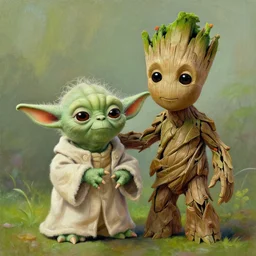 Painting of a fusion of Yoda and Groot, Thomas Kinkade