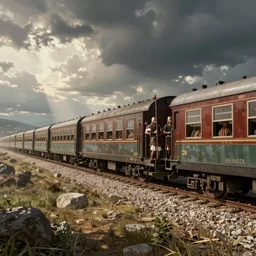 A Roman legion boarding a train, digital art
