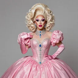 a drag queen wearing heavy drag queen makeup, fabulous drag queen ( wig, hair ) in pink ball outfit ( ballgown, satin gloves, gaudy jewelry ), highly detailed, digital painting, trending on artstation, concept art, sharp focus, illustration, by artgerm, by greg rutkowski, by rembrandt, ru paul, clear detailed face