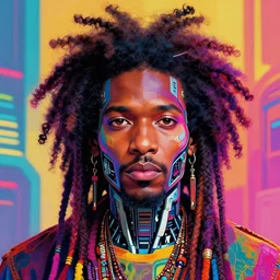 colorful portrait of a black male hippie with cybernetics and a natural hair style, but set in the future 2 1 5 0 | highly detailed | very intricate | symmetrical | professional model | cinematic lighting | award - winning | painted by mandy jurgens | pan futurism, dystopian, bold psychedelic colors, cyberpunk, anime aesthestic | featured on artstation