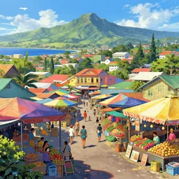 colorful marketplace in Reunion Island, anime, digital painting by Greg Rutkowski, by James Gurney,trending on artstation,highly detailed