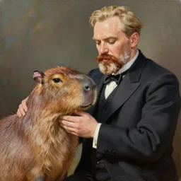 an epic painting of vladimir lenin petting capybara, oil on canvas, anime style, ghibli studio, animation film, perfect composition, golden ratio, beautiful detailed, photorealistic, digital painting, concept art, smooth, sharp focus, illustration