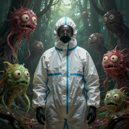 slimy meat monsters, a man in a hazmat suit, in the style of silent hill, octane