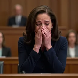Movie still of a crying and disheveled Sheryl Sandberg crying in front of Congress, from Facebook The Movie (2018), directed by Steven Spielberg