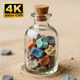 a glass bottle filled with coloured rocks, placed on the sand, photography, macro shot, award winning, 4 k