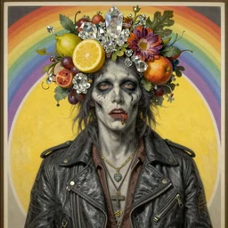 bodyshot of a trickster nature spirit, leather jacket, zombie rock star, head made of fruits and crystals and flowers in the style of guiseppe arcimboldo, art by alphonse mucha, deep focus, mystical, surreal, detailed, pop art, gray and yellow and purple, rainbow stripe background