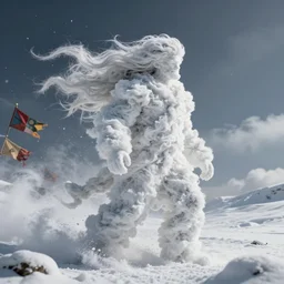 man made of swirling clouds and wind - blown snow, hippie flags flutter in the background cinematic lighting, highly detailed, octane render