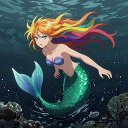 realistic detailed image of a mermaid with rainbow hair swimming in an angry, stormy sea, anime art, anime, inspired by Mark Ryden and Zdzislaw Beksinski and Zdzislaw Beksinski, gothic, rich deep colors. A masterpiece.
