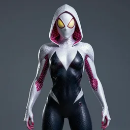 a portrait photograph of spider gwen as a super villian with slimy amphibian scaled skin and yellow eyes. she is wearing a living organic mutated suit. by donato giancola, hans holbein, walton ford, gaston bussiere, peter mohrbacher and brian froud. 8 k, cgsociety, fashion editorial
