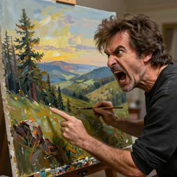 insanely angry bob ross screaming at an ugly painting