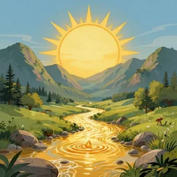 Golden sun pouring honey into a golden river in a lush mountainous landscape. In the style of Michelangelo