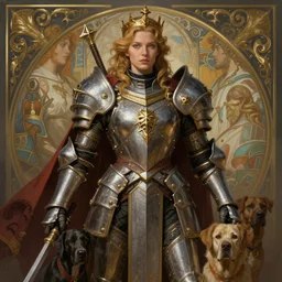 portrait of imogen poots as a warhammer paladin, with dogs, by sasha tudvaseva, deep focus, intricate, elegant, regal, highly detailed, digital painting, artstation, concept art, matte, sharp focus, illustration, warhammer, fantasy, hearthstone, art by artgerm and greg rutkowski and alphonse mucha