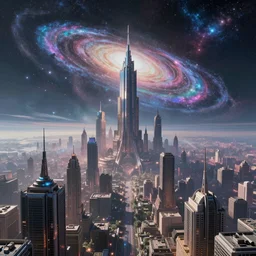 sci - fi scene of a city in the galaxy, outside of time and space, dreamy, eternity, cosmic, majestic, interstellar, iridescent sky, vibrant, digital art, airbrush, intricate, epic, depth, artstation, highly detailed, octane render, 8 k