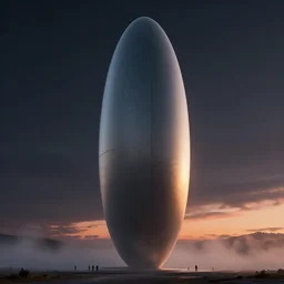 professional conematic photograph concept render of a single massive beautiful neo - futuristic matte symmetrical elongated oval monolith by ilm and denis villeneuve, emmanuel shiu, zaha hadid, sunset, mist, deep color, architectural scale, dark background, hyperrealism, very high detail, volumetric, trending on artstation, cgsociety, rendered in octane