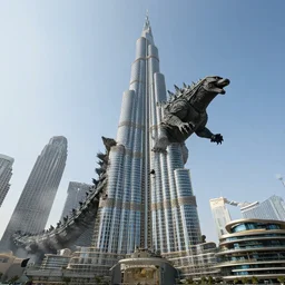 wide angle view, godzilla smashes burj khalifa dubai, photorealistic, fine details, daylight, tele photo lens, 8 k