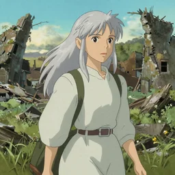 Portrait of a silver-haired elf woman strolling through the remains of a city reclaimed by nature, Ilya Kuvshinov face, highly detailed, cel shading, digital painting, anime key visual, artwork by Hayao Miyazaki and Alphonse Mucha